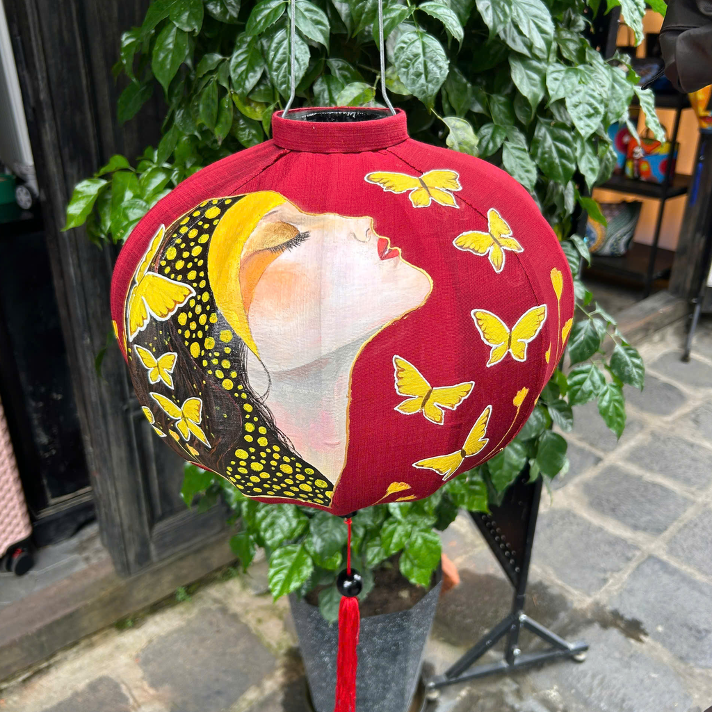 Hand-Painted Silk Lantern – Red Vietnamese Lantern with Woman & Butterfly Art – Unique Boho Home Decor, Handmade Hanging Light
