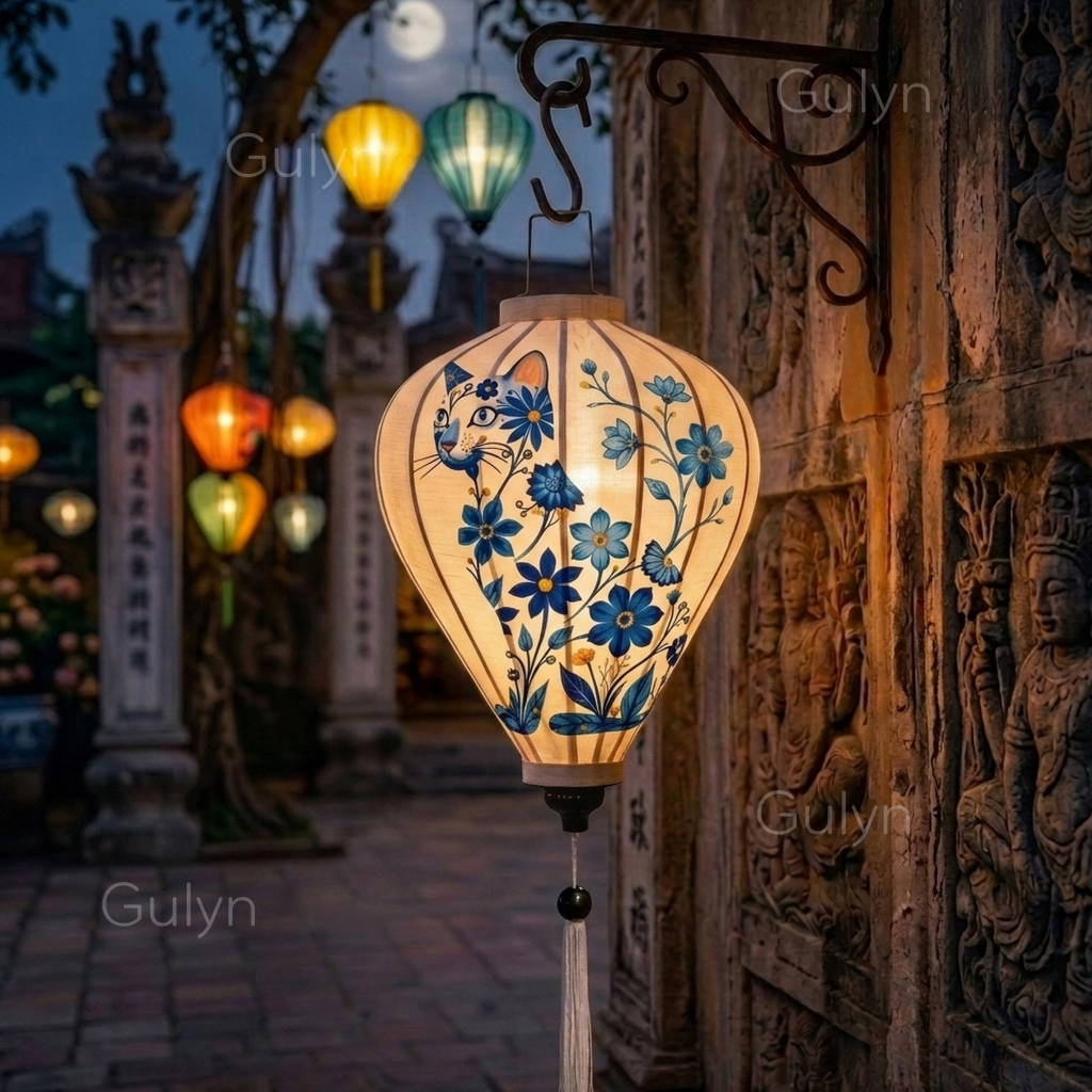 Blue Floral Cat Fabric Lantern – Hand Painted Artistic Decor
