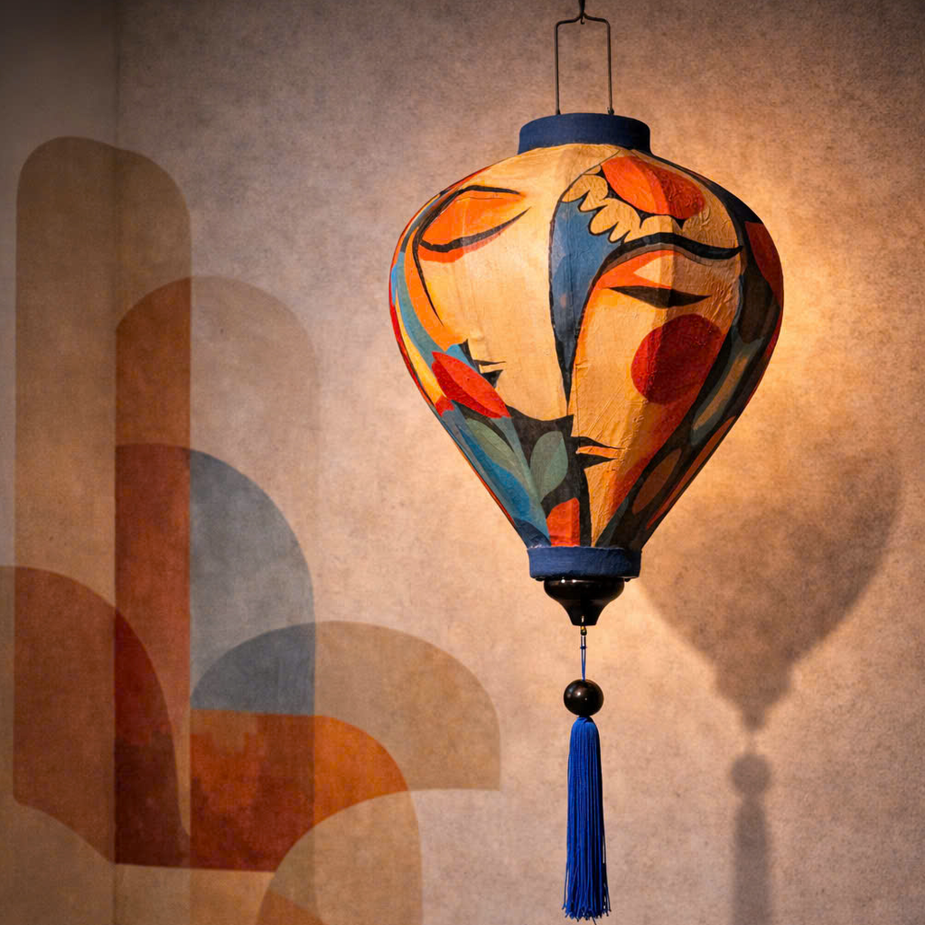Hand-Painted Silk Lantern – Abstract Face Art Lantern – Mid-Century Modern Lighting – Warm Boho Hanging Lamp, Unique Handmade Decor