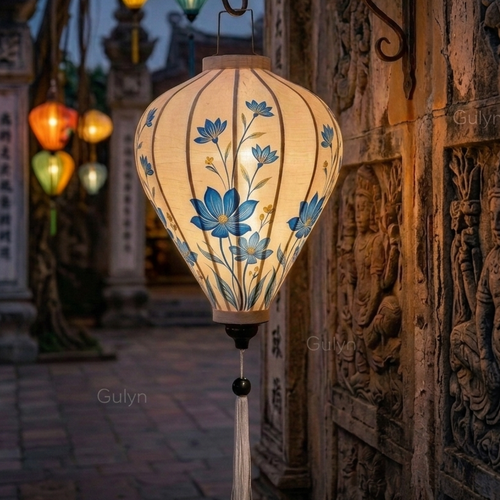 Blue Floral Cat Fabric Lantern – Hand Painted Artistic Decor