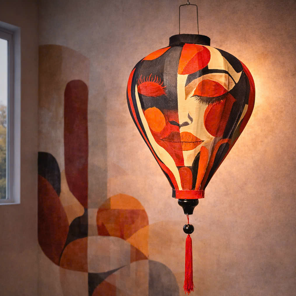 Hand-Painted Silk Lantern – Abstract Face Art Lantern, Red Modern Boho Lighting, Mid Century Hanging Lamp, Statement Handmade Home Decor