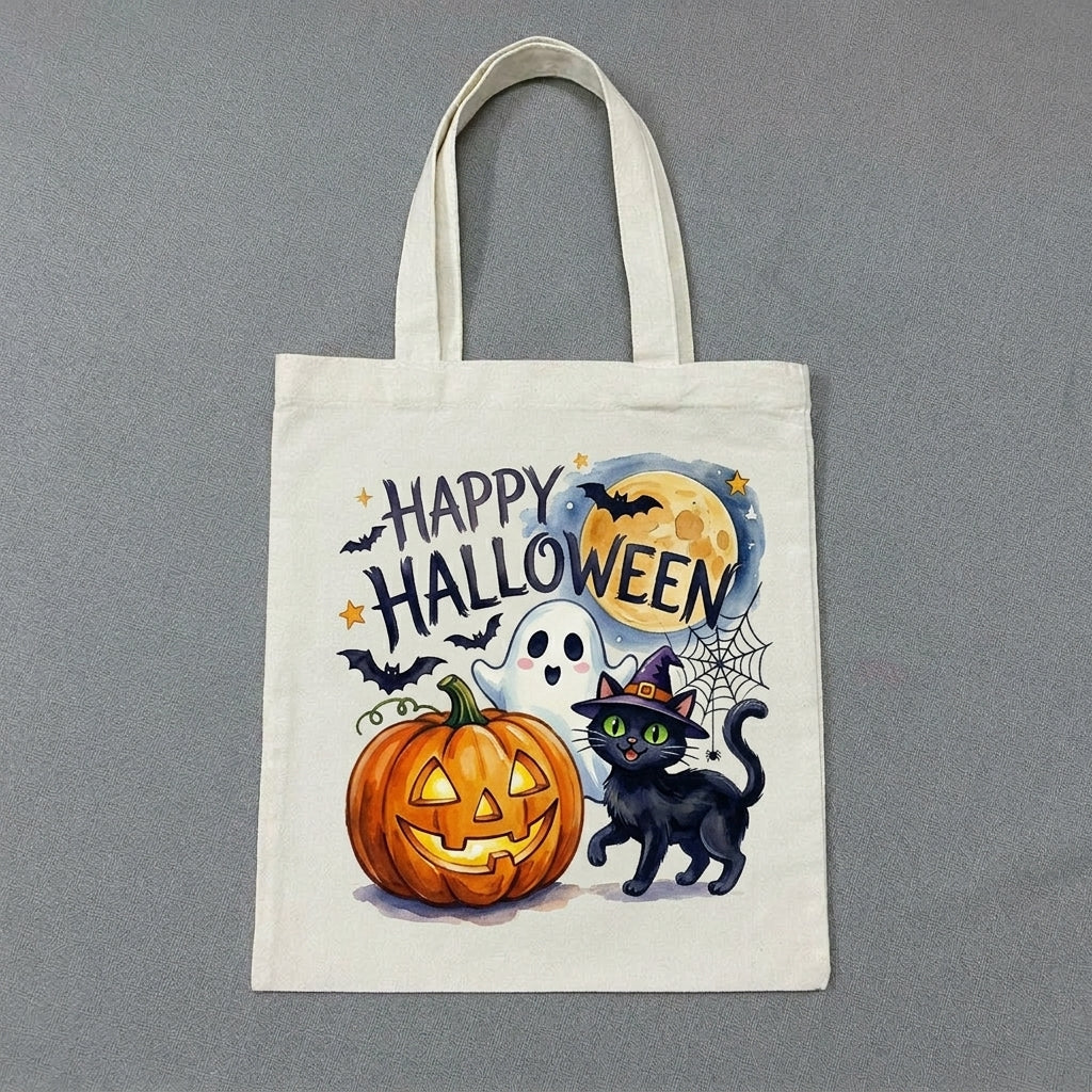 Hand-Painted Tote Bag – Halloween Pumpkin & Black Cat Design, Cute Ghost Canvas Bag, Spooky Cute Style, Fall Gift, Artistic Reusable Tote