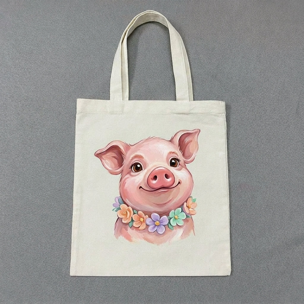 Cute Pig Canvas Tote Bag, Kawaii Everyday Canvas Bag
