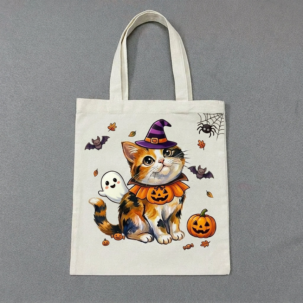 Hand-Painted Tote Bag – Cute Halloween Cat Design, Pumpkin & Ghost Canvas Bag, Kawaii Spooky Style, Artistic Reusable Tote
