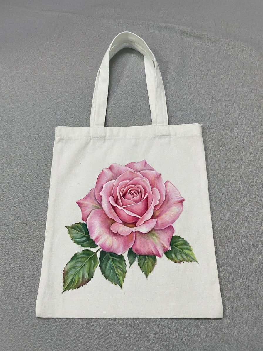 Hand Painted Rose Canvas Tote Bag – Handmade Botanical Floral Art, Romantic Vintage Style
