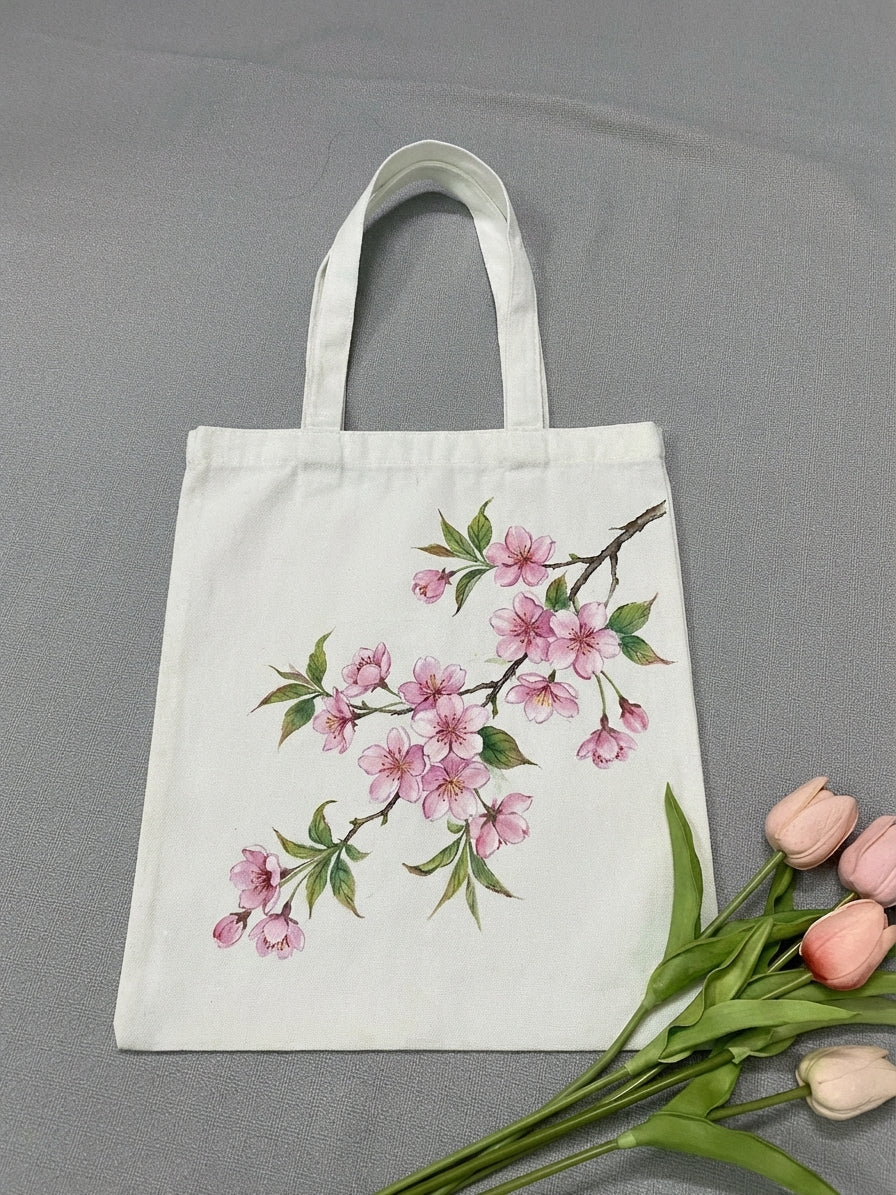 Handmade Sakura Cherry Blossom Tote – Hand Painted Floral Canvas Bag, Soft Japanese Aesthetic