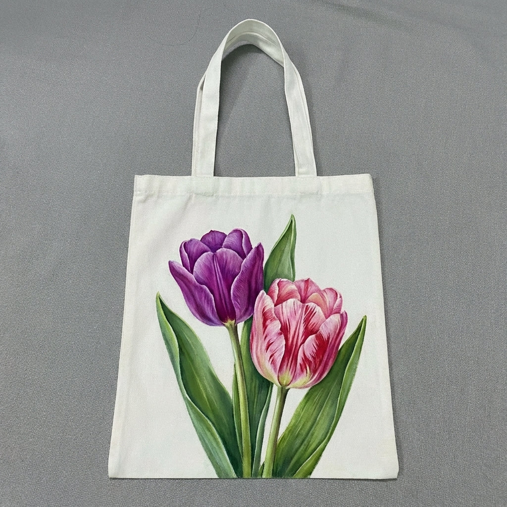 Hand Painted Tulip Floral Tote Bag – Handmade Garden Canvas Bag, Classic Spring Botanical Style