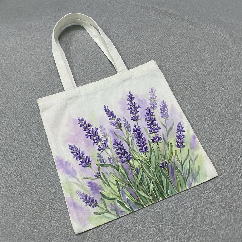 Handmade Lavender Canvas Tote – Hand Painted Floral Bag, Calm Cottagecore Vintage Aesthetic