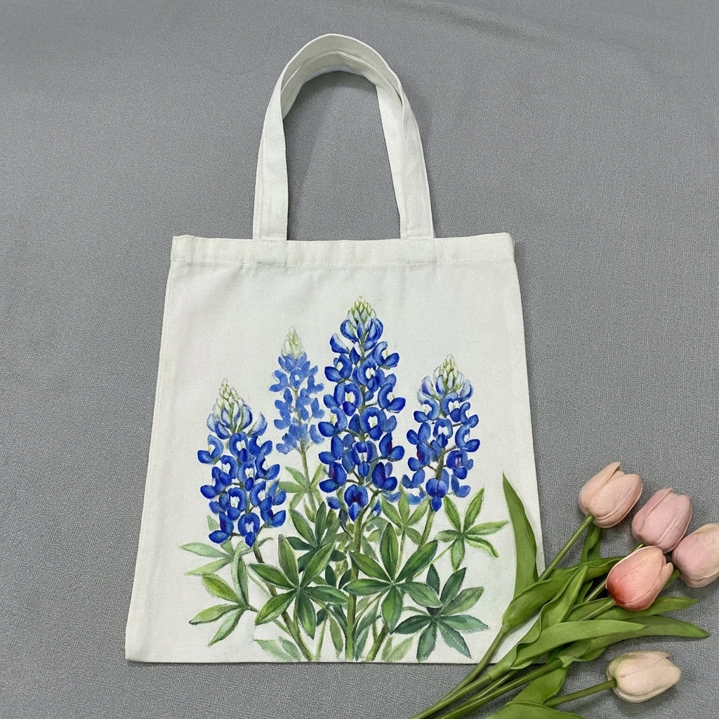 Hand Painted Wild Lupine Tote Bag – Handmade Wildflower Canvas, Natural Rustic Botanical Style