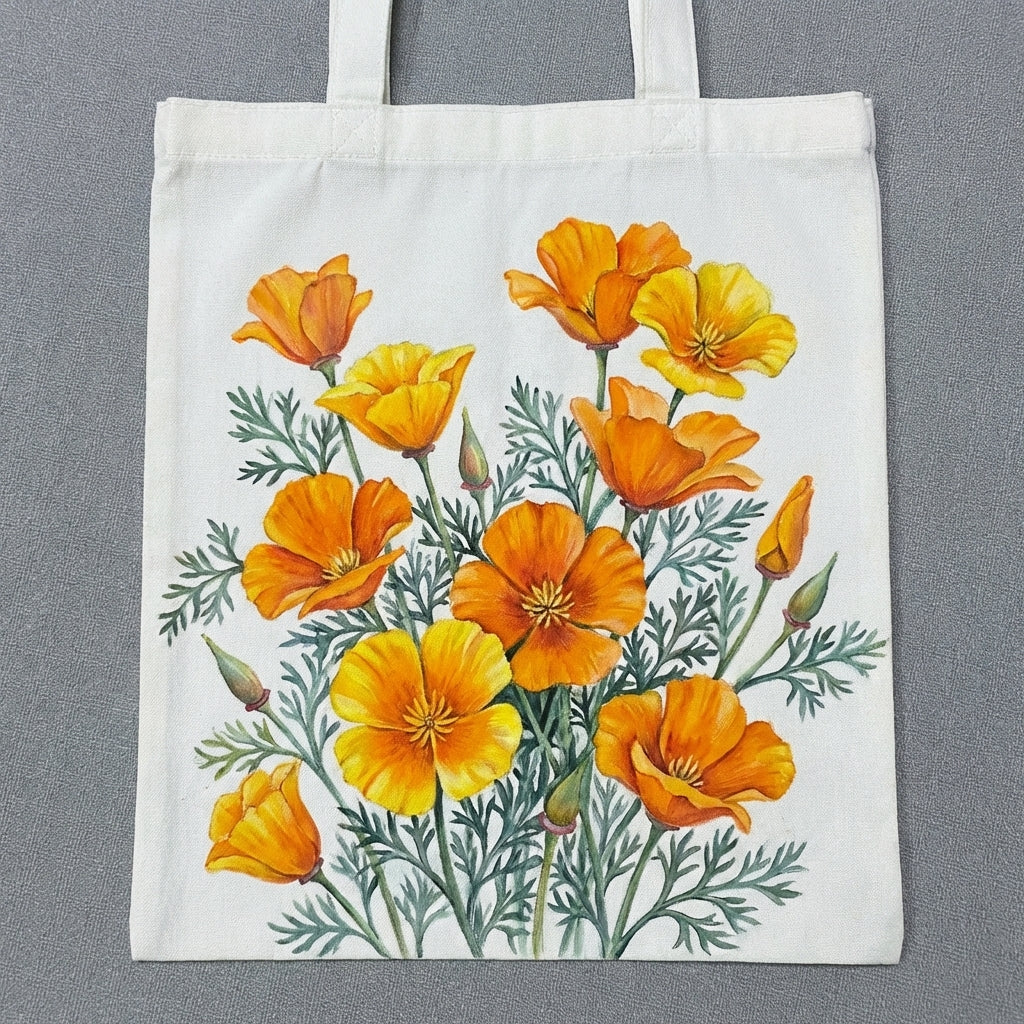 Handmade Poppy Floral Canvas Tote – Hand Painted Orange Flower Bag, Artistic Vintage Statement