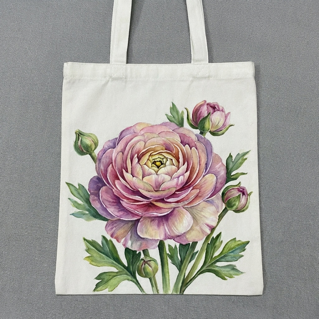 Hand Painted Peony Floral Canvas Tote – Handmade Botanical Art Bag, Soft Romantic Vintage Style