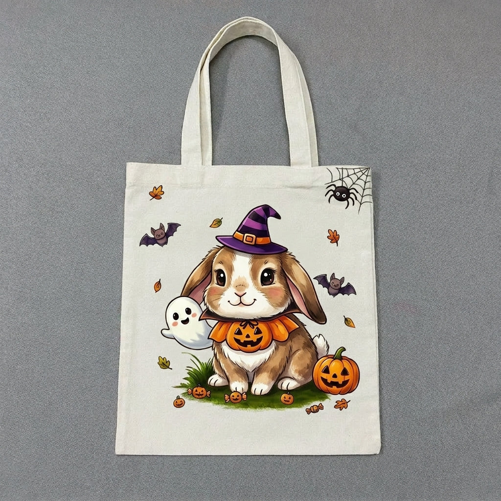 Hand-Painted Tote Bag – Cute Halloween Bunny Design, Pumpkin & Ghost Canvas Bag, Kawaii Spooky Style, Artistic Reusable Tote