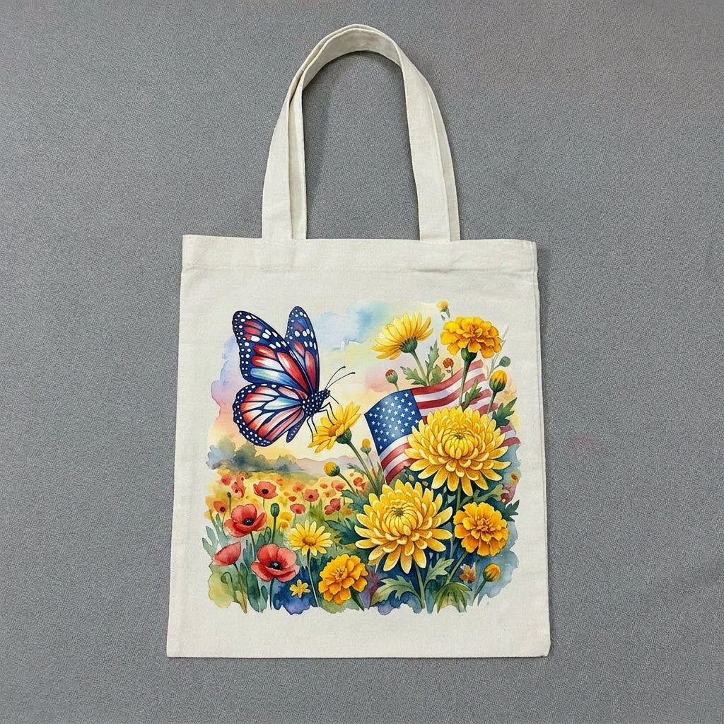 Hand-Painted Tote Bag – American Flag Floral Design with Butterfly, Patriotic Canvas Bag, Vintage Garden Style, Artistic Reusable Bag