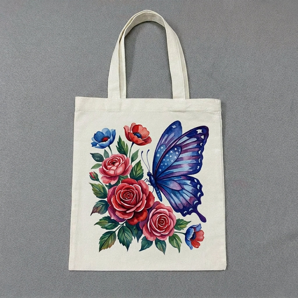 Hand-Painted Tote Bag – Rose & Butterfly Design, Floral Canvas Bag with Blue Butterfly, Romantic Vintage Style, Artistic Reusable Tote