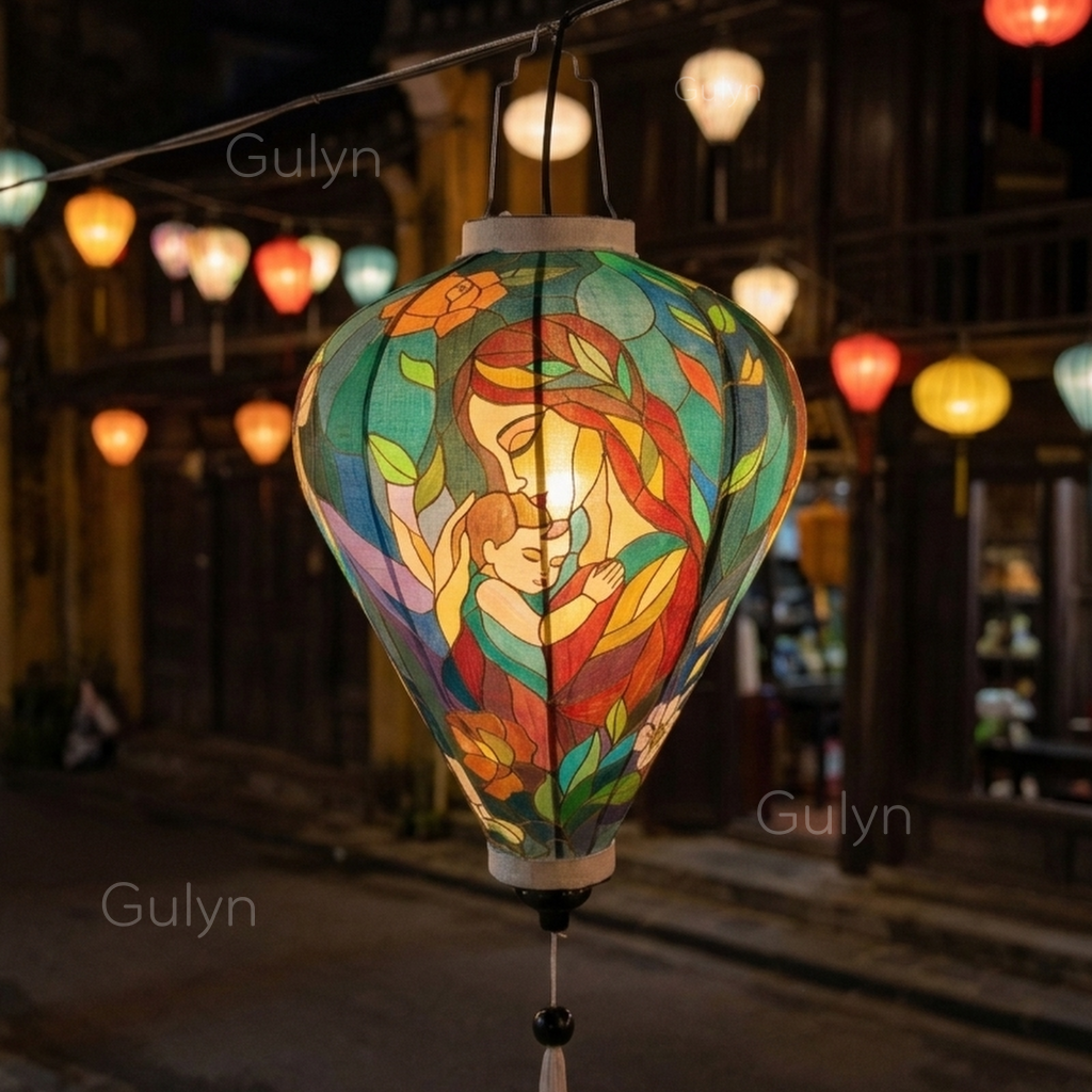 Mother Child Art Fabric Lantern – Hand Painted Mosaic Design