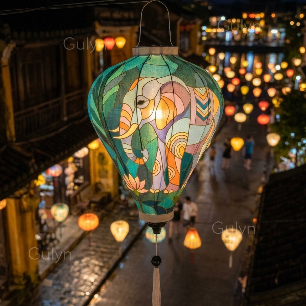 Elephant Lotus Fabric Lantern – Hand Painted Artistic Decor