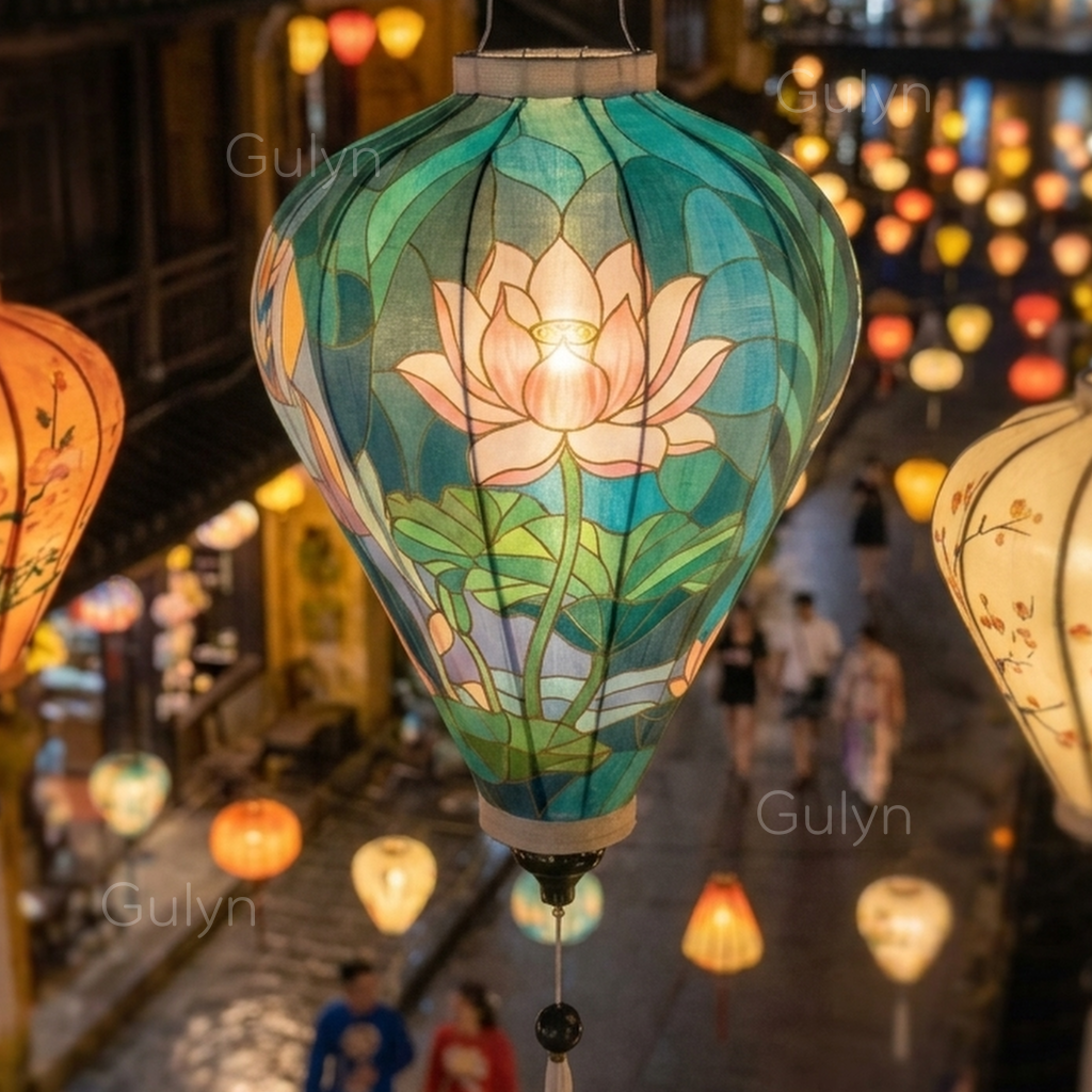Elephant Lotus Fabric Lantern – Hand Painted Artistic Decor