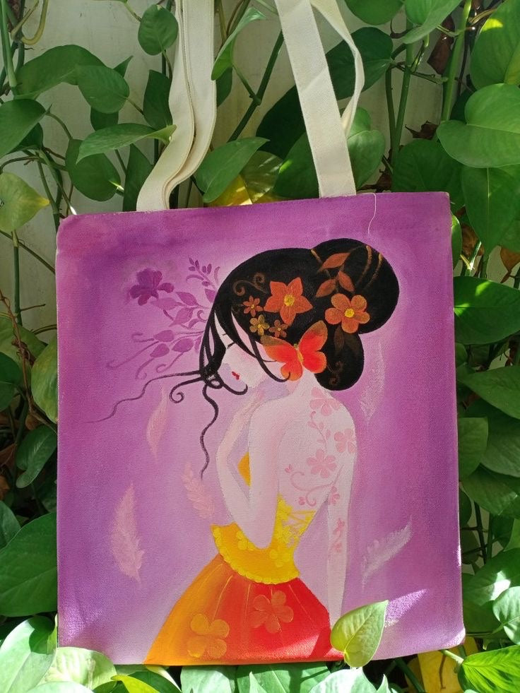 Hand Painted Elegant Woman Canvas Tote Bag – Handmade Floral Portrait Art, Feminine Vintage Aesthetic