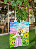 Hand Painted Sunflower Field Canvas Tote Bag – Handmade Girl Landscape Art, Soft Romantic Vintage Style